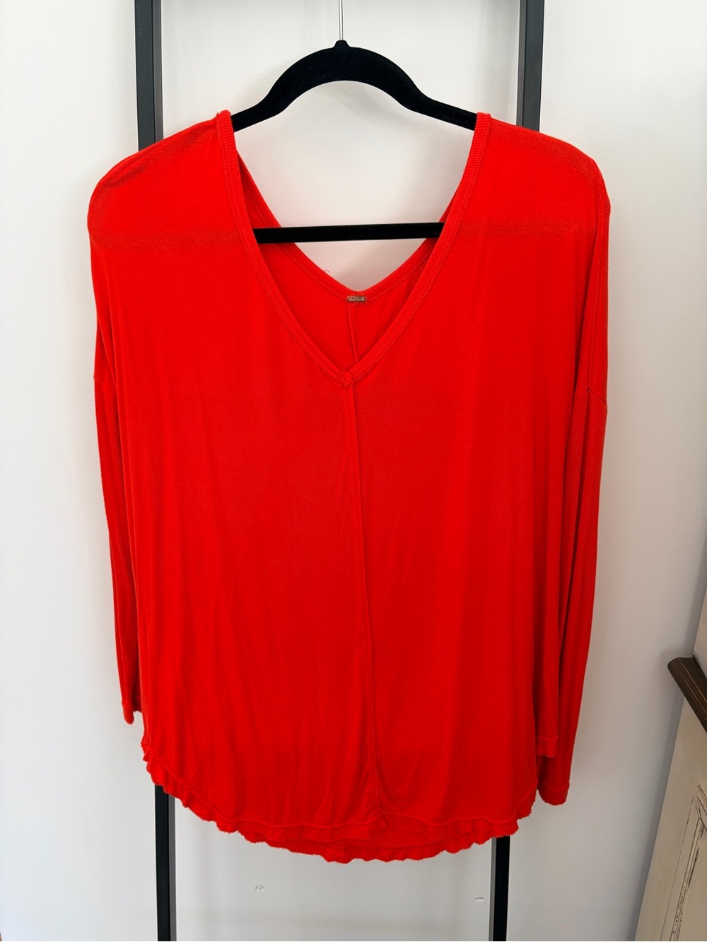 Free People V-Neck Long Sleeve Top in Vibrant Red